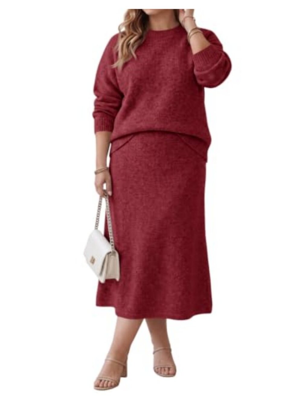 Plus Size 2 Piece Sweater and Midi Skirt Set Knit Pullover Crew Neck Casual